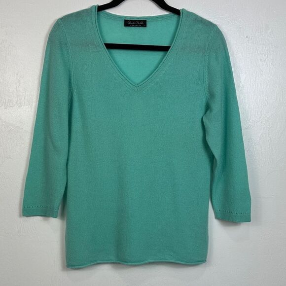 Claudia Nichole Cashmere Aqua V-Neck 7/8 Sleeve Sweater Size L - Picture 2 of 9